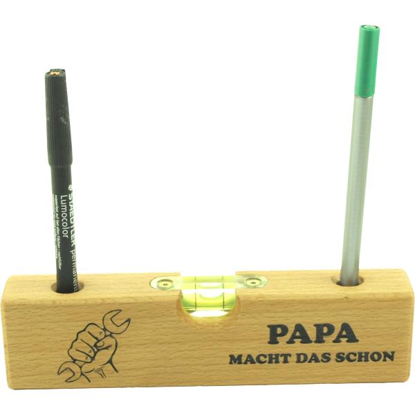 Wasserwaage Holz mit Gravur. Mit Stifthalter. "Papa macht das schon"